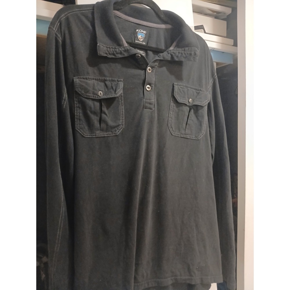 Mens S Kuhl 1/4 Buttons Black/Charcoal Pullover Mock Pockets